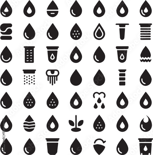 Diverse Water Droplet Iconography An Array of Conceptual Fluid Representations Depicting Various Hydrological and Scientific Themes in Minimalist Design