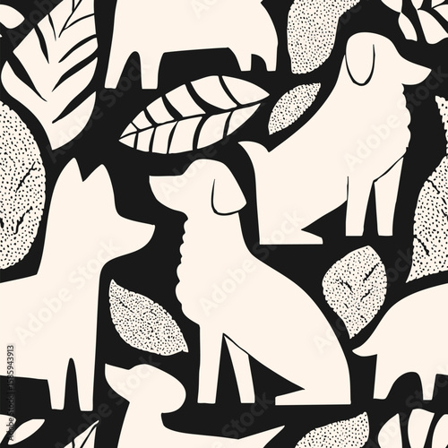 Vector seamless pattern with dogs and puppies. Simple monochrome background with cut-out dog silhouettes, leaves. Cute funny black and white texture. Repeated design for decor, print, package, textile