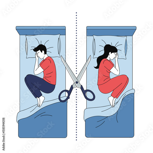 Relationship breakdown illustrated by divided beds and cutting scissors symbolizing separation