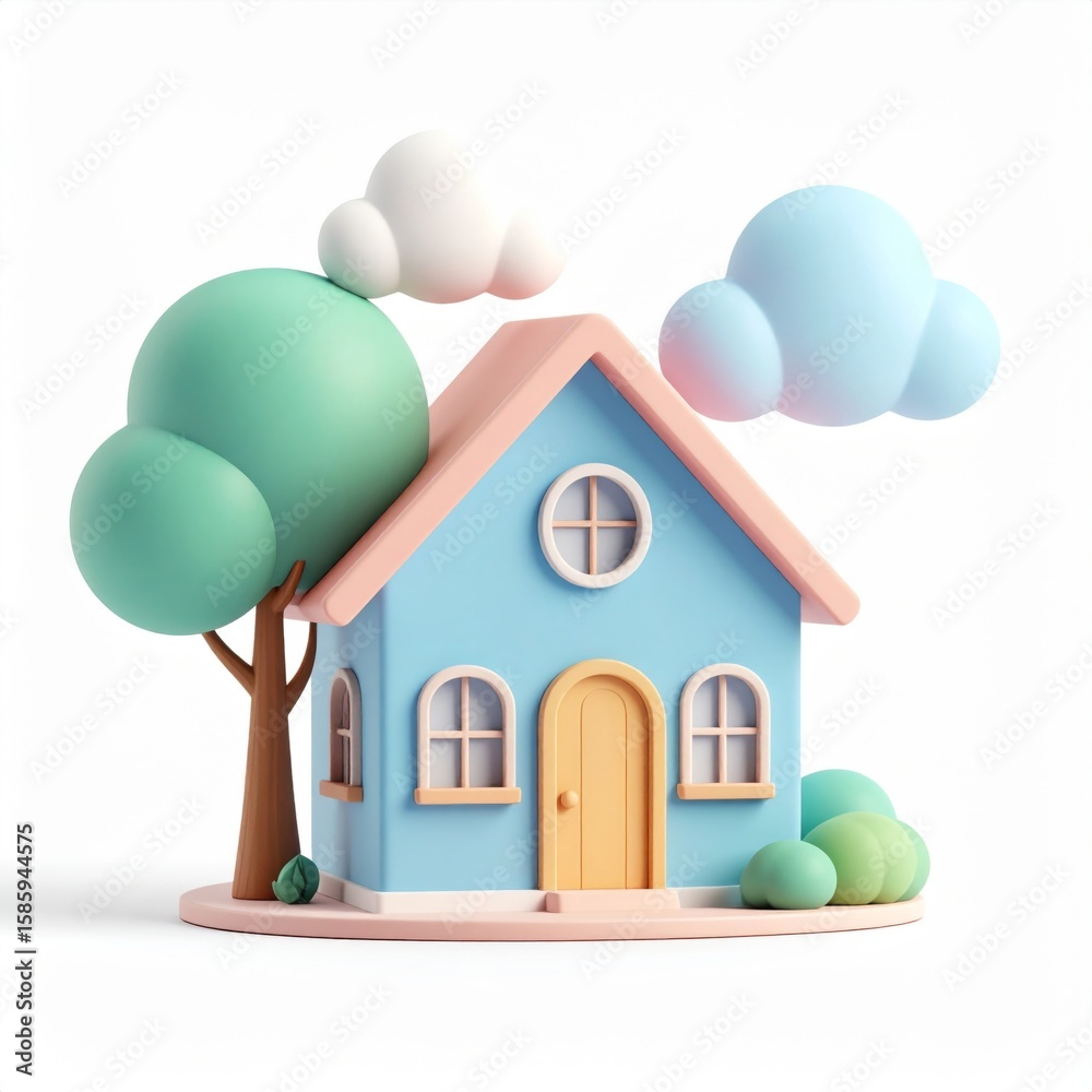 Fototapeta premium 3D Illustration of Blue House with Pink Roof