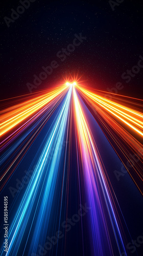 Vibrant abstract light trails in blue, orange, and purple with a starry background conveying motion and energy