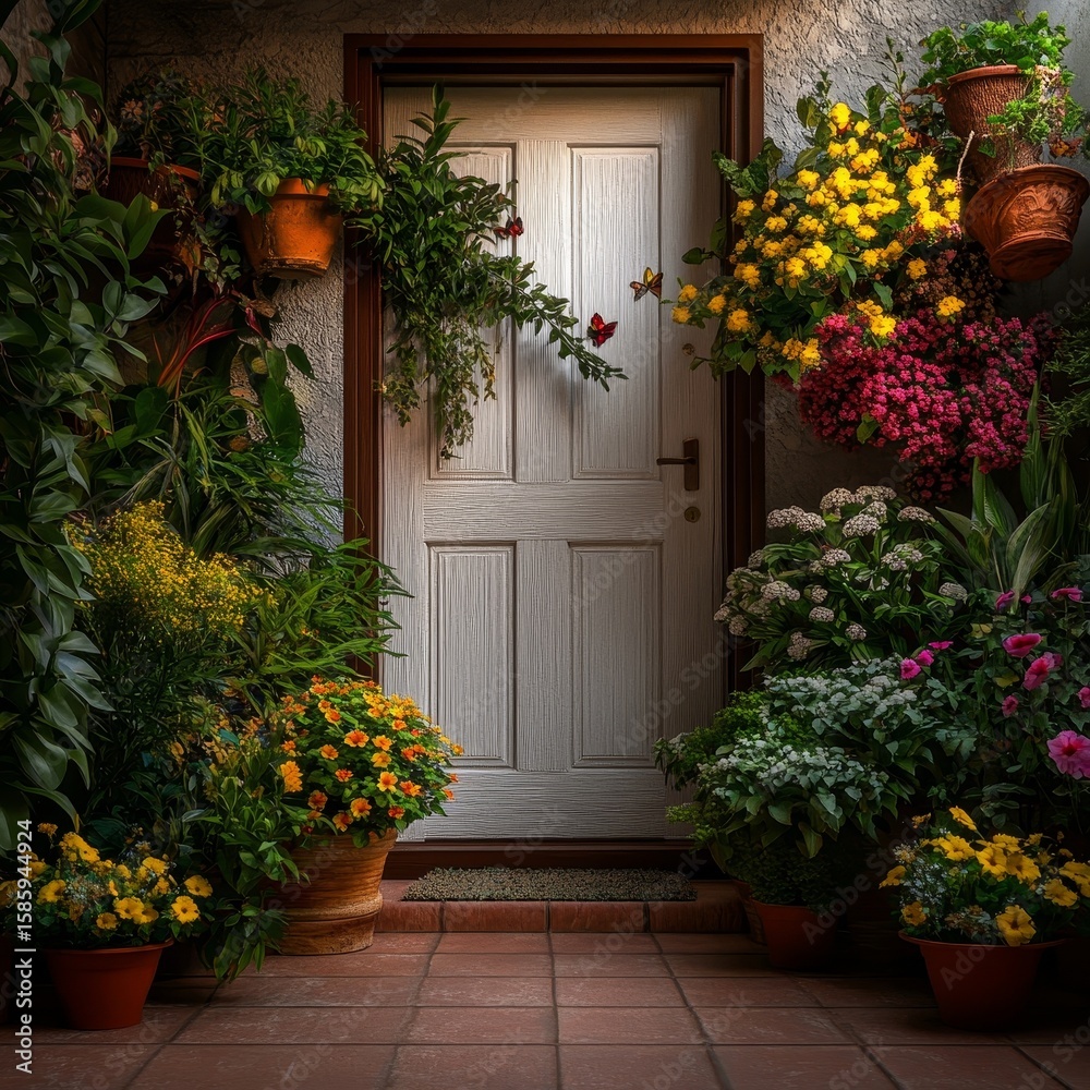 Naklejka premium Enchanted Front Porch Garden with Vibrant Flowers