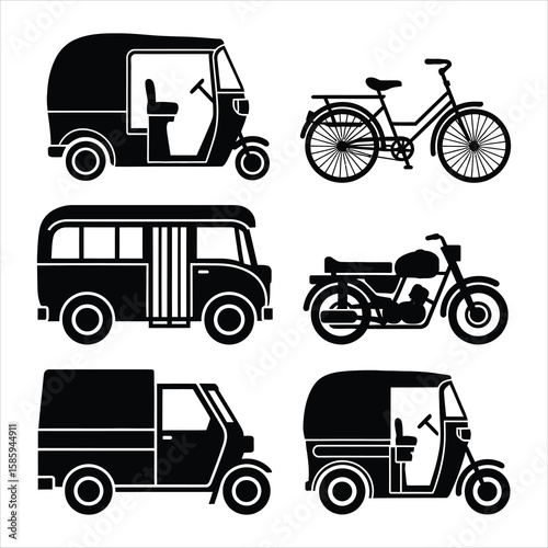 Auto rickshaws motorcycle bus bicycle transport icons vector