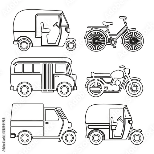 Auto rickshaw bicycle bus motorcycle truck vector