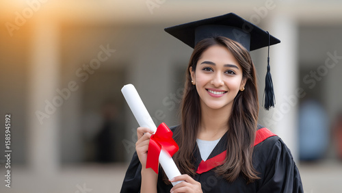Young Indian female student in convocation dress holding degree certificate. Graduation and successful college degree