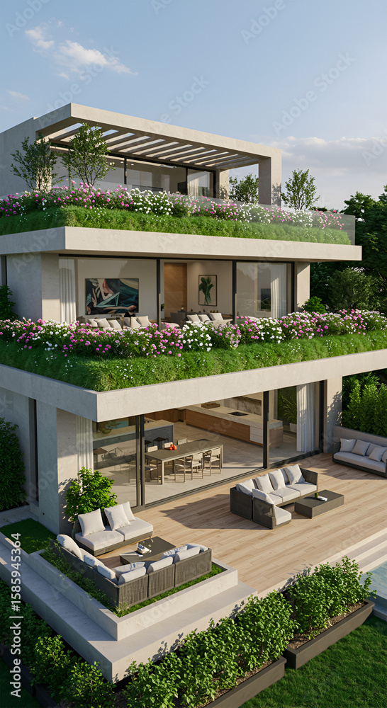 Fototapeta premium Modern, multi-level house with rooftop gardens and outdoor living spaces, showcasing contemporary design.