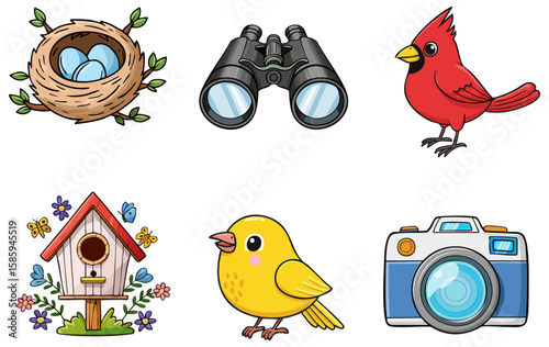 Cute cartoon birdwatching clipart set