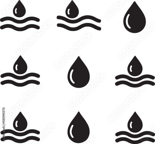 Water drop on wavy surface icons wave liquid