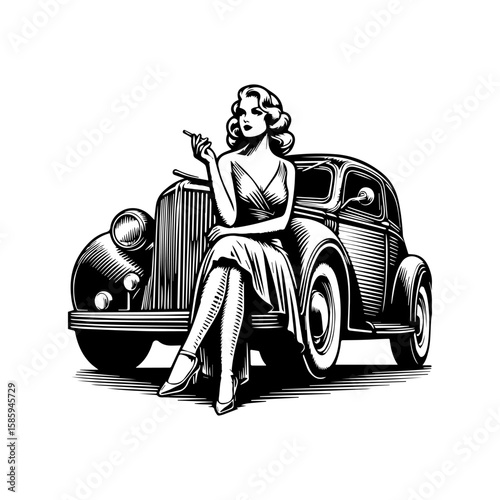 Vintage Pinup Girl Smoking Seated on Classic Car Hood.