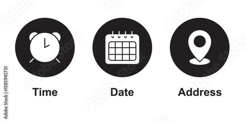 Time, date, location or place icons symbol. Time, date and address icon.  Address location pointer calendar editable vector icons set isolated on white background .  