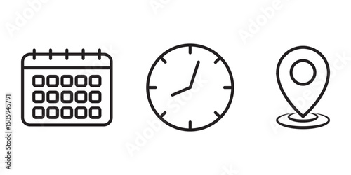 Time, date and address icons set. Time, date and address line and solid icon set. Address location icon. Stopwatch timer icon. Date Calendar icon.  