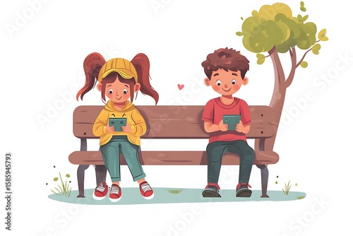 Cartoon Boy and Girl on Bench Using Tablets Under a Tree Illustration