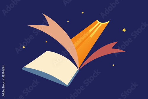 book pages flying under magical light beam