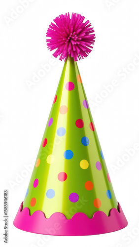 Bright green party hat with colorful polka dots and pink pom pom on top, perfect for celebrations and festive occasions
