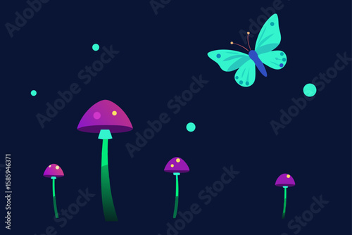 butterflies hovering near glowing mushrooms 