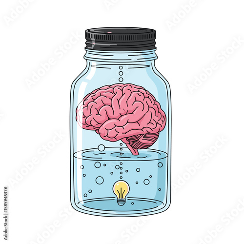 Brain preserved in a jar with a lightbulb idea symbol below the water
