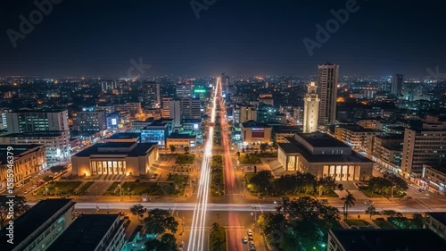 Nighttime Cityscape View of Bustling Urban Life in Lagos With Bright Lights and Busy Streets