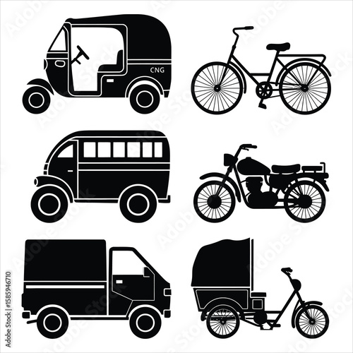 Diverse vehicle silhouettes including auto rickshaw bicycle motorcycle and trucks vector