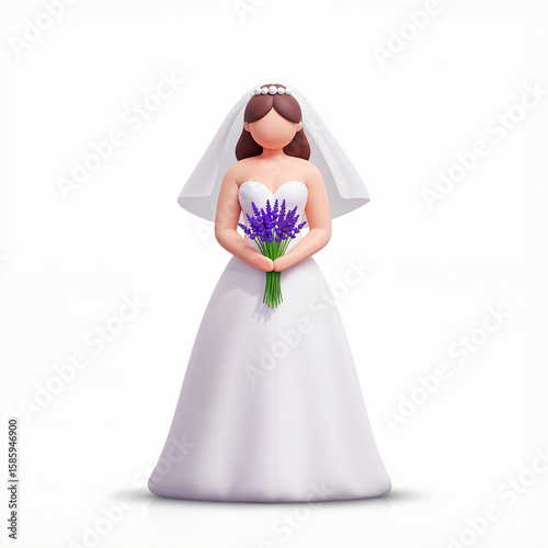 Bride holding a bouquet of lavender in white wedding gown isolated, isolated on white background  