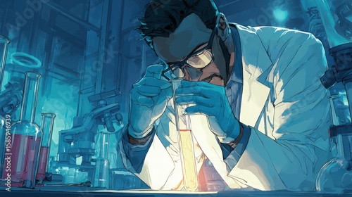 A scientist in a lab coat, examining a glowing test tube, futuristic laboratory, vibrant chemicals