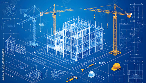 Isometric 3D Model of Building Under Construction with Blueprints and Cranes