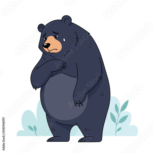 A sad bear feeling unwell with a concerned expression and a tear dropping down its cheek