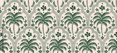 Hand drawn palm tree damask seamless pattern. Hawaiian print, summer holiday background in vintage style. Tropical plant painting. Design for fabric, textile, wallpaper and decoration.
