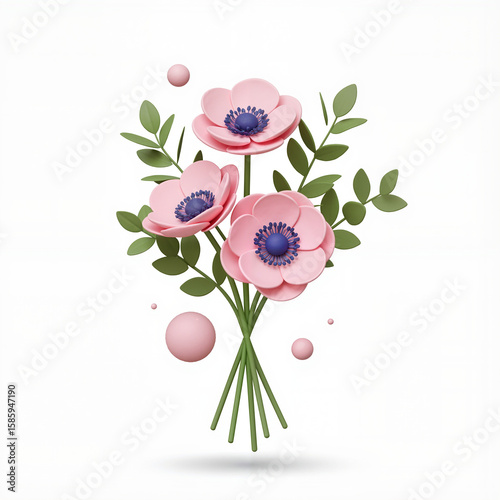 Bouquet with anemones and greenery, isolated on white background  