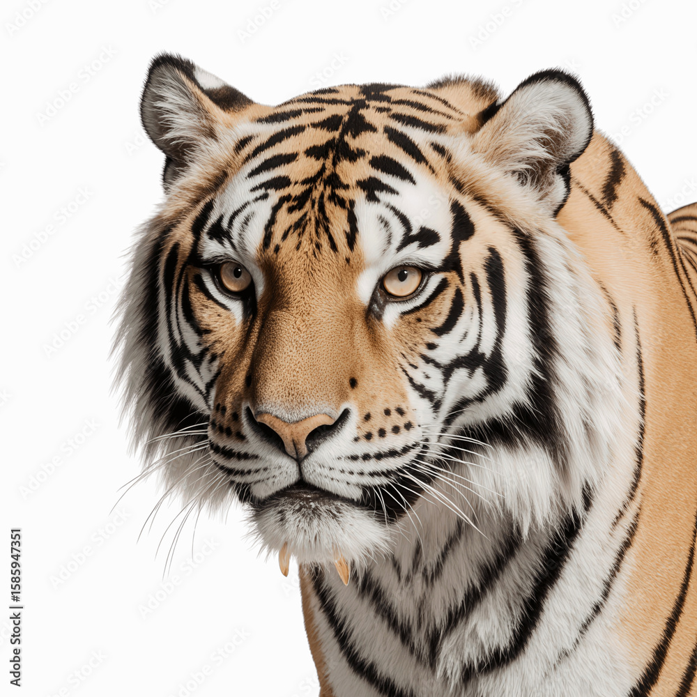 Fototapeta premium Majestic Tiger Portrait: A captivating close-up portrait of a magnificent tiger, showcasing its striking orange and black stripes, intense gaze, and powerful presence.