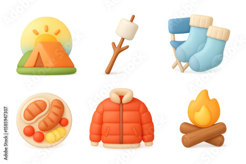 Cozy camping icons with warm clothing and campfire elements in soft gradient style