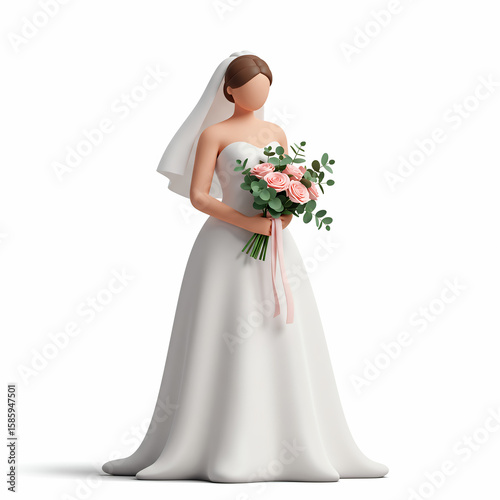 Bride holding a bouquet with roses and eucalyptus in white dress , isolated on white background  