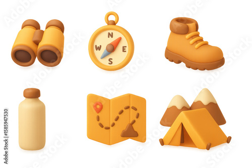 Camping adventure icons: boots, compass, map, tent, binoculars, and water bottle in a warm glow
