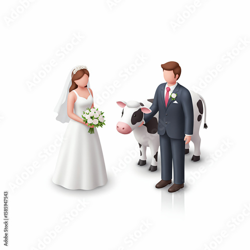 Bride and groom with cow, isolated on white background  