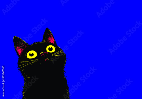 Curious black cat with staring eyes on vibrant colorful background in pop art style