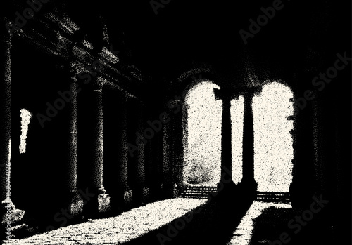 Ancient ruins in sci-fi scene with dotwork retro style. Mysterious gate debris with dramatic lights and retro texture