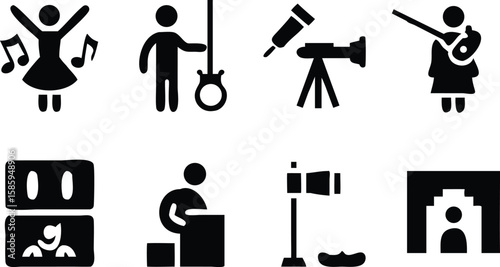 Dancing person guitar player telescope person with banjo robot face person with boxes flag with