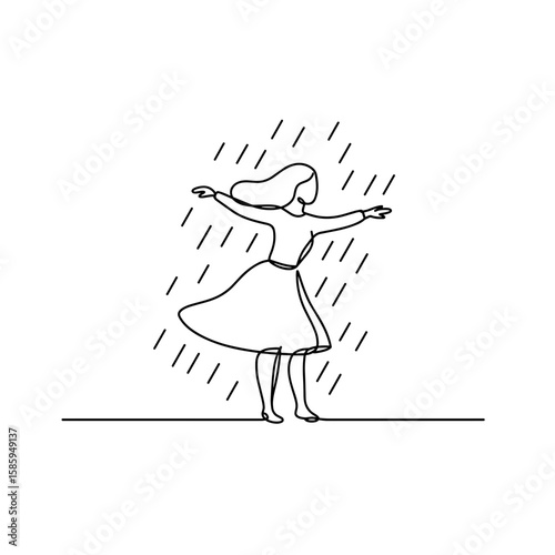 Woman dancing joyfully in the rain with flowing skirt  