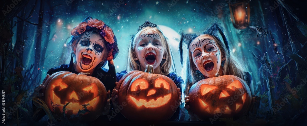 Naklejka premium The joyful children celebrating Halloween with carved pumpkins in spooky costumes.