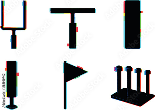 Glitch art symbols: tuning fork, squeegee, flag, and stands