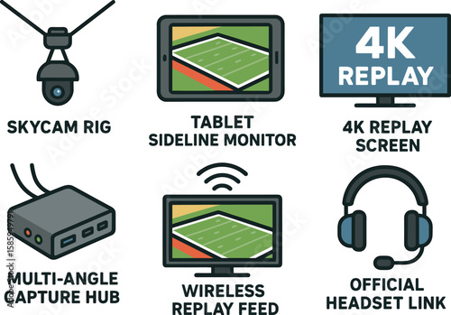 Video broadcast equipment icons: camera, tablet, monitor, hub, replay, headset
