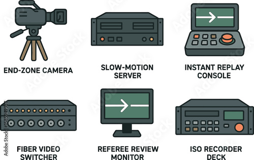 Illustrated football video equipment: camera, server, console, switcher, monitor, recorder