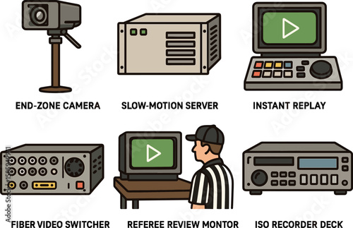 Football replay equipment illustration including referee and broadcast tools