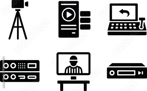Black icons of video equipment and technology symbols