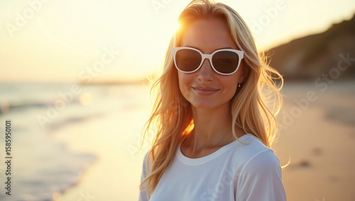 A woman in a white shirt and white sunglasses stands on a beach at sunset, with long blonde hair and a serene smile.