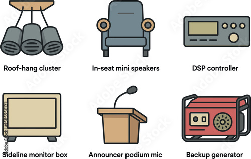 Audio equipment icons set: speakers, controller, podium, generator