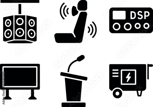 Conference audio equipment icons: speakers, seating, dsp, billboard, podium, generator