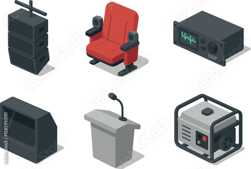 Audio speaker, red chair, dsp amplifier, podium, generator icons set