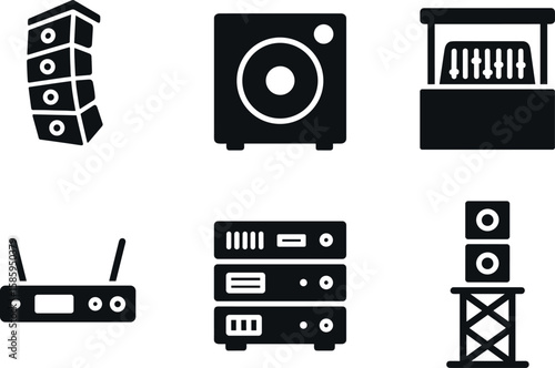 Audio equipment icons: speaker, subwoofer, equalizer, router, amplifier, sound system tower