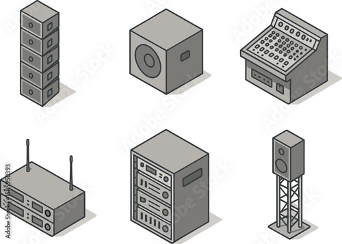 Audio equipment icons: speakers, mixer, amplifiers, subwoofer, receiver