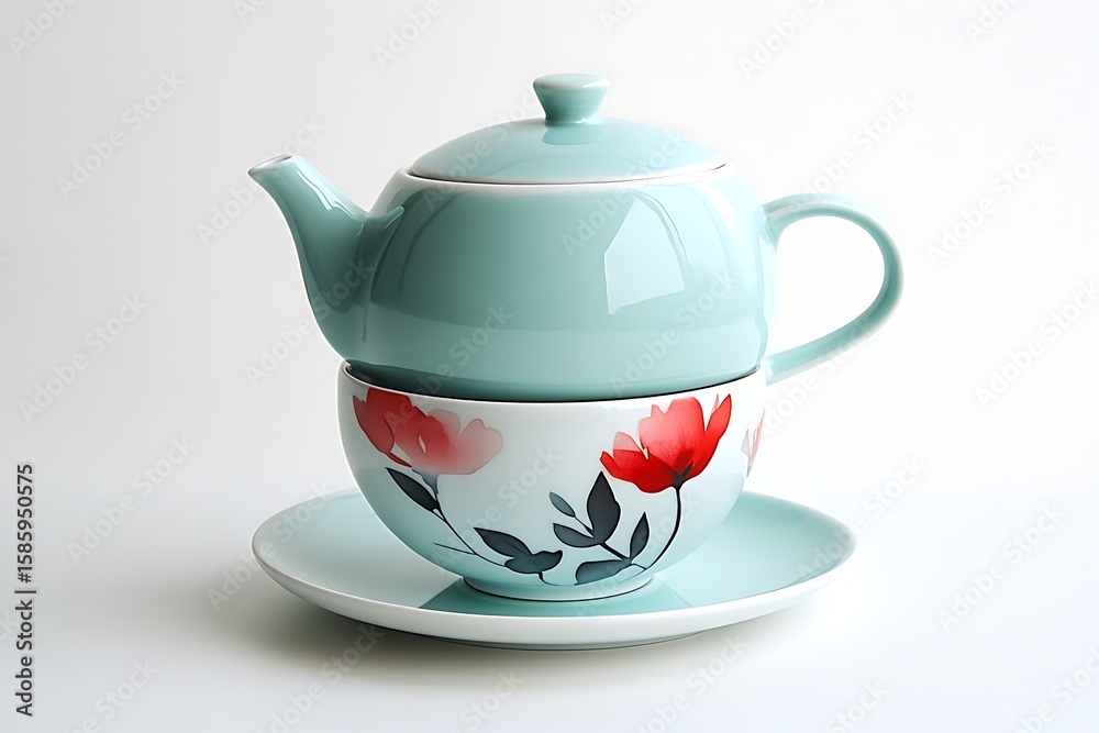 Elegant turquoise teapot with floral teacup and saucer on white background, perfect for afternoon tea Elegant turquoise teapot with floral teacup and saucer on white background, perfect for afternoon tea